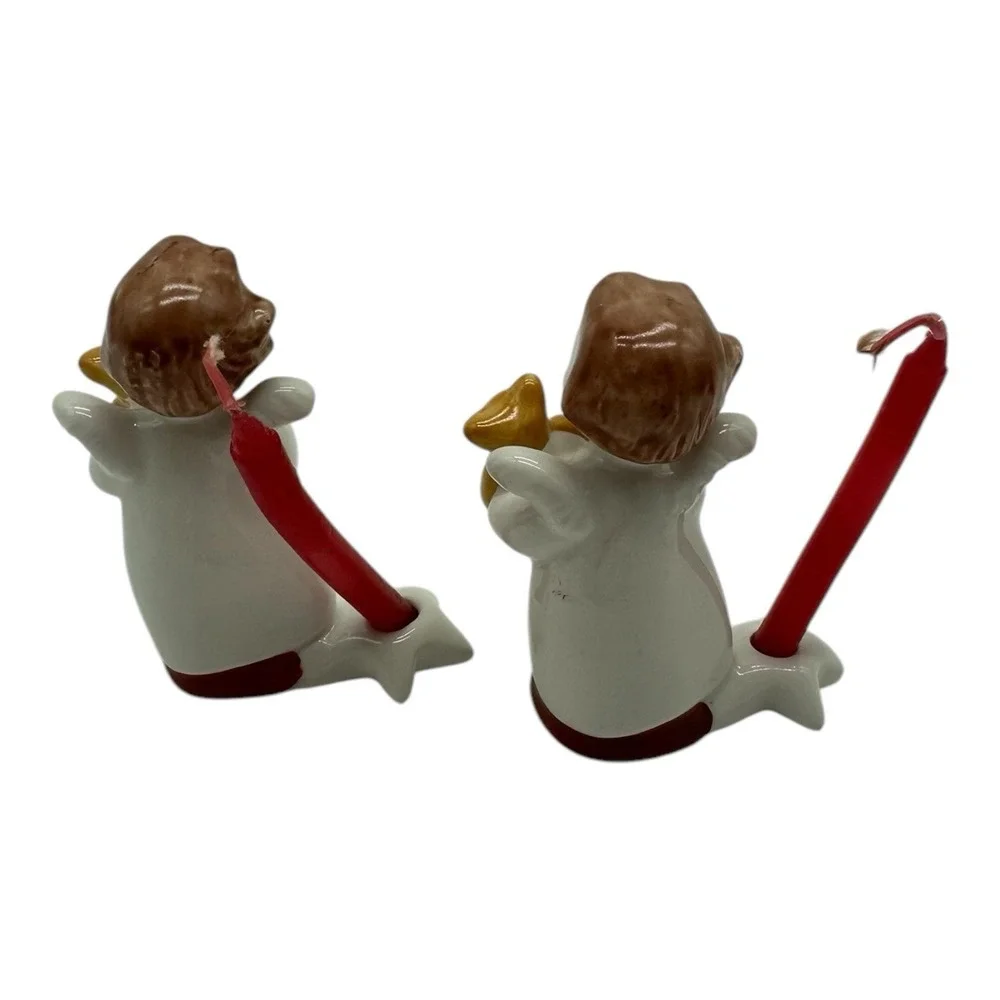Pair of Vintage Goebel Christmas Candle Holders Angel w/ Teddy Bear 2.5